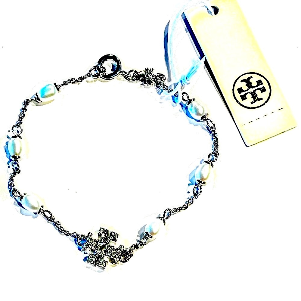 Tory Burch NWT Silver and Pearls with
Pave CZ T-logo Bracelet - Picture 1 of 8